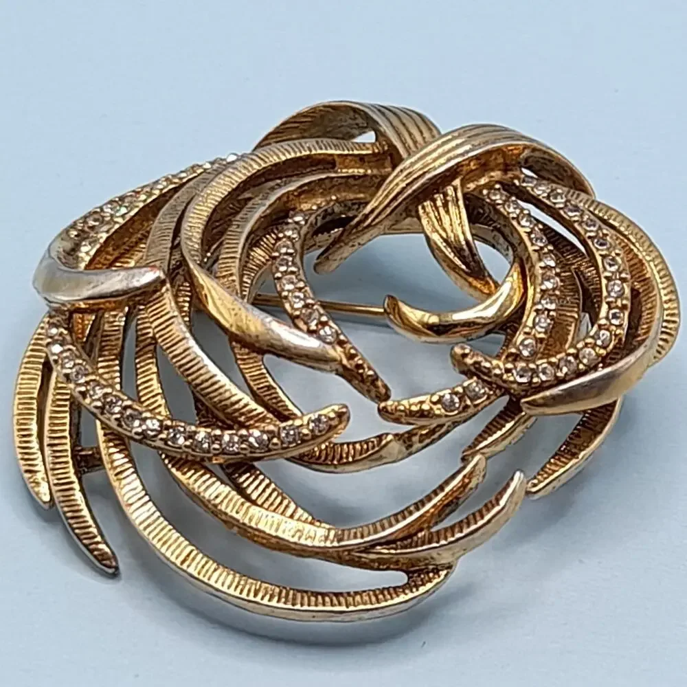 Vintage Monet Swirl Modern Design Brooch, Rhinestone Accents, 1 3/4 Inches